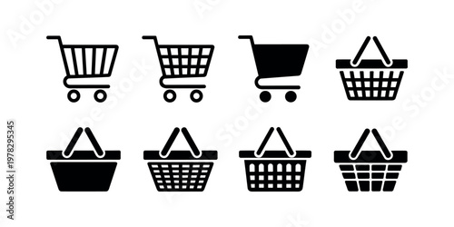 Black and white of shopping carts and baskets arranged in two rows shopping basket e commerce retail in white background.