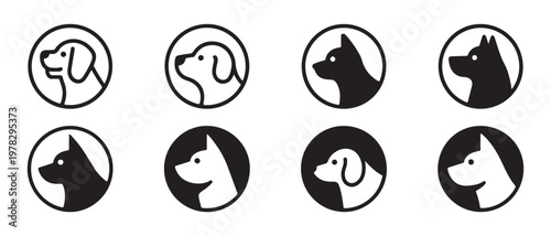 Dog Head Icons Set, Silhouette and Outline Style, Circular Emblems for Pets and Canine Themes.