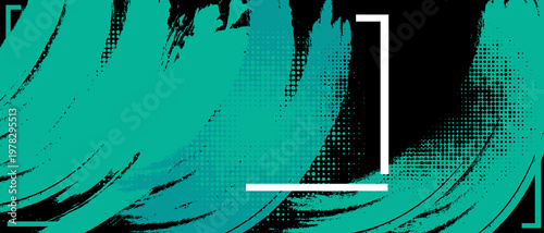 Dynamic Grunge teal and black high-energy abstract background vibrant brushstroke swirls over deep design. Textured brush strokes gritty halftone dots patterns & sharp white geometric elements.