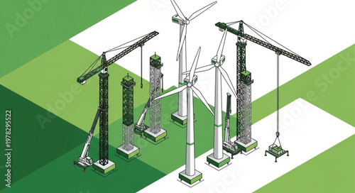 Wind Turbine Construction With Multiple Tower Cranes.