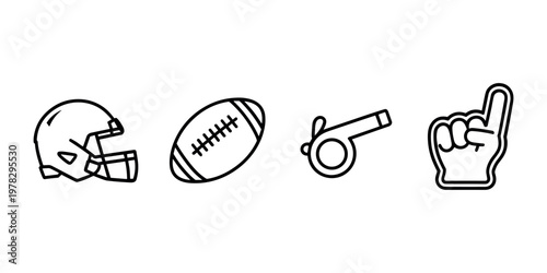 Black line american football helmet rugby ball whistle and foam finger hand signal in white background.