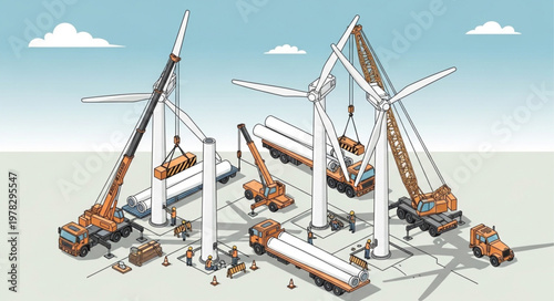 Wind turbine tower and blades under assembly by cranes.