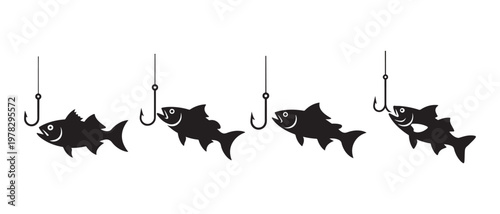 Silhouette Fish Swimming Towards Fishing Hooks on White Background, Conceptual Image.