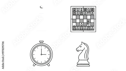 Chess Elements: The strategic game elements, including a chess board, chess pieces, and clock, are artfully composed, perfect for conveying strategy and time. 
