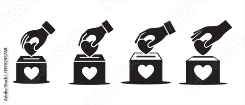 Set of Hands Dropping Hearts into Donation Boxes with Heart Symbol, Charity and Giving Icons.