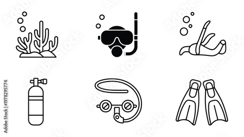 Underwater Exploration Icons: A collection of meticulously crafted icons showcasing various elements of underwater exploration, perfect for conveying the spirit of diving adventures.