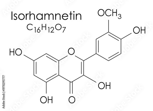 Isorhamnetin chemical formula, molecule structure on white background