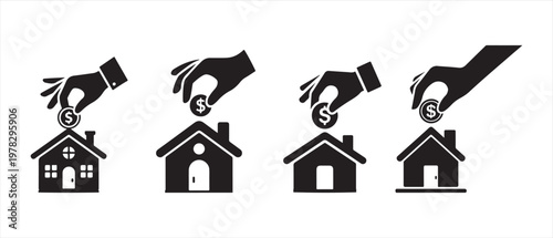 Hand depositing coin into silhouette houses icons symbolizing saving, investment, and home ownership.