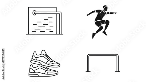 Parkour Elements: An illustrative set showcasing the various elements of parkour, including a water feature, a dynamic athlete, running shoe and parallel bar.