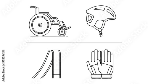 Adaptive Wheelchair Set: A concise illustration featuring mobility equipment. Including a wheelchair, helmet, ramp, and glove to represent adapted sport and daily life. 