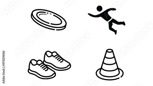 Sport Icons: A set of minimalistic icons representing the essence of sports, including a frisbee, a person in motion, running shoe and a traffic cone.