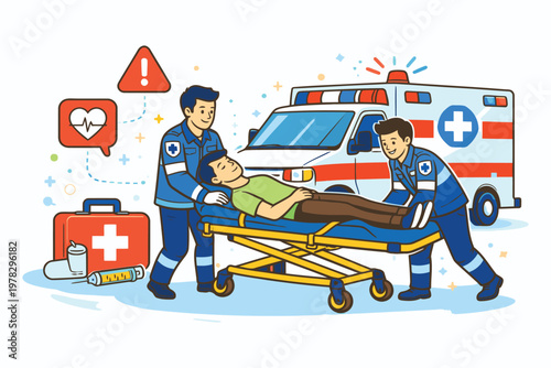 Emergency medical team attending to an injured person with an ambulance