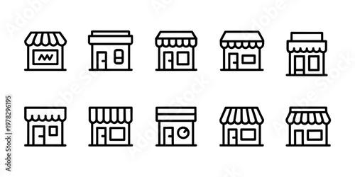 Collection of black and white line storefront with awnings and signs shop building in white background.