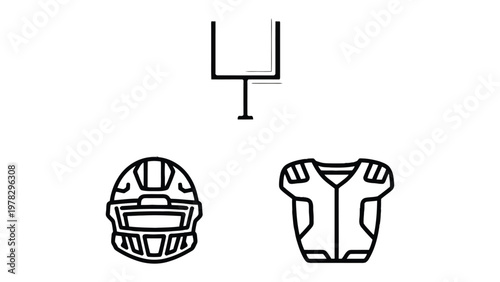 Gridiron Essentials: Graphic outline of the core elements of american football, including the goalpost, helmet and shoulder pads, essential elements for the sport.