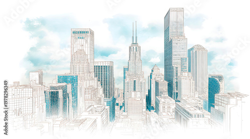 An urban landscape featuring skyscrapers of diverse architecture and heights. Delicate lines and soft blue watercolor and ink tones evoke a sense of lightness and airiness in the cityscape.
