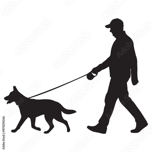 Man walking dog silhouette with animal lover, dog walker