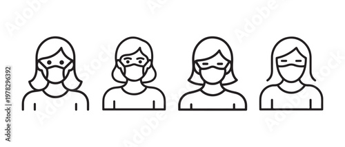 Set of women wearing face masks, clean line art icons illustrating health and safety measures.