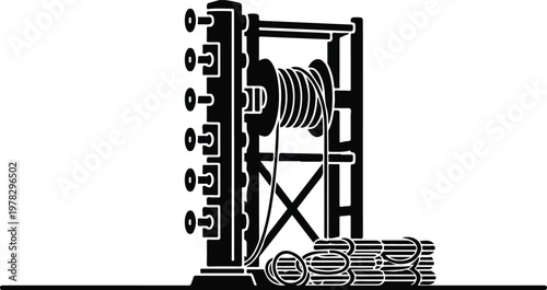 Black and White Silhouette of Industrial Cable Spooling Machine and Mechanical Reel Station
