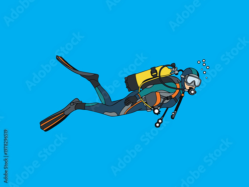 Scuba Diver Swimming Underwater Flat Vector Illustration Isolated on blue Background