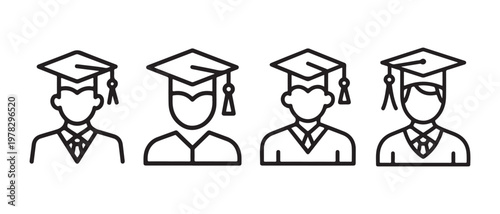 Set of graduation cap icons representing diverse students in academic attire.