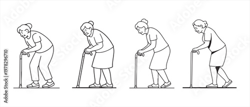 Progression of Senior Woman Walking with Cane Aging Process and Mobility Aid.