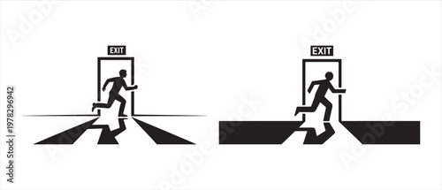 Silhouette of a person running through an open door with an EXIT sign, symbolizing escape and opportunity.