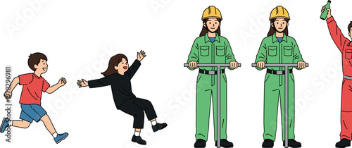 People activity vector set featuring running boy, falling woman and construction workers with tools isolated character illustration collection