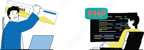 A person holding a map and working on a laptop with a php logo