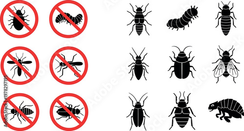 Pest control icons set with prohibited insects and bug silhouettes, warning signs and extermination symbols vector illustration collection