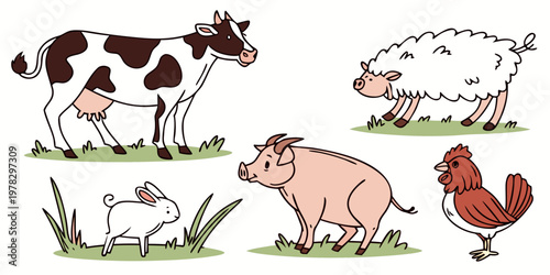 Vector collection of cute farm animals cow sheep pig rabbit and rooster with livestock agriculture illustration domestic collection character barnyard whimsical creature