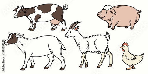 Cute farm animals illustration set featuring cow pig goat and chicken livestock agriculture illustration domestic collection character barnyard whimsical isolated creature