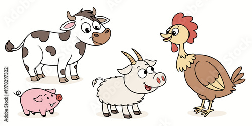 Set of cartoon farm animals including a cow pig goat chicken isolated on white background with illustration livestock domestic creature character collection background barnyard