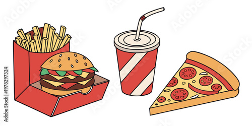 Illustration of fast food meal set featuring cheeseburger in box fries and pizza slice with soda hamburger fastfood junkfood illustration unhealthy delicious pepperoni potatoes