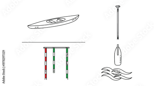 Kayaking adventure elements: An illustration showing essential tools for kayaking journey, including the kayak, paddle, and route flags to guide the way.