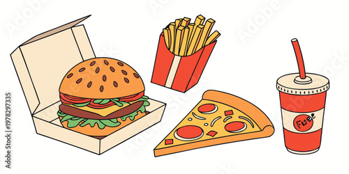 Hand drawn cartoon style fast food meal set featuring a burger french fries pizza slice and soft drink hamburger fastfood junkfood illustration unhealthy delicious pepperoni