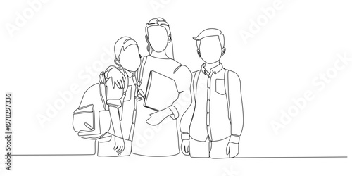 Continuous line illustration of children returning to school