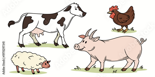Collection of cartoon farm animals including cow chicken sheep and pig in a field livestock illustration domestic creature character collection background barnyard friendly