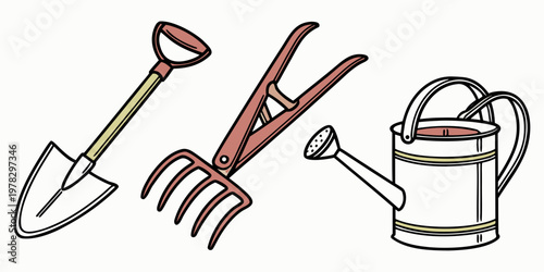 Gardening tools set featuring a hand shovel a garden fork a metal watering can for landscaping and yard maintenance gardening watering landscaping maintenance agriculture