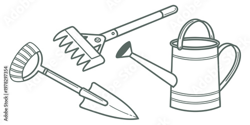Monochromatic line art illustration of classic gardening tools consisting of a trowel garden rake metal watering can gardening watering monochromatic landscaping maintenance