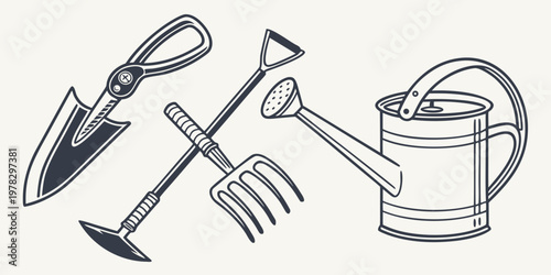 Set of gardening tools including hand trowel garden fork and watering can illustration gardening watering equipment agriculture horticulture cultivation supplies maintenance