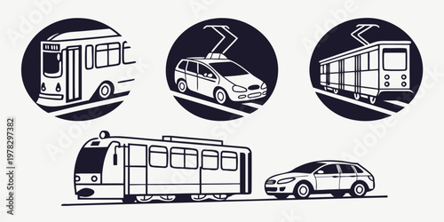 Transportation icons set featuring trams and cars in circle frames transportation electric automobile passenger mobility infrastructure illustration monoline transport