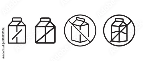 Milk Carton Icons Set. Forbidden and Crossed Out for Dairy-Free or Allergy Information.