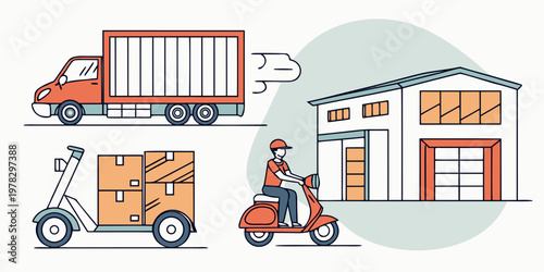 Warehouse logistics and delivery transport concept with courier scooter and truck warehouse logistics delivery transport shipping distribution commerce business transportation