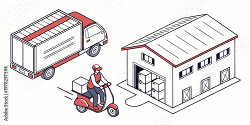 Isometric logistics and delivery concept featuring warehouse truck and courier logistics delivery isometric warehouse shipping transport distribution commerce business