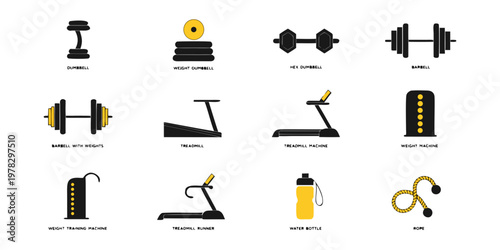 Comprehensive collection of flat minimalist gym training equipment and fitness gear icons including barbells dumbbells treadmills with equipment exercise dumbbell treadmill training