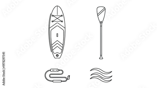 SUP Equipment Illustration: A detailed overhead illustration of stand-up paddleboarding (SUP) equipment, including the board, paddle, leash and waves, designed with clean lines and a modern aesthetic.