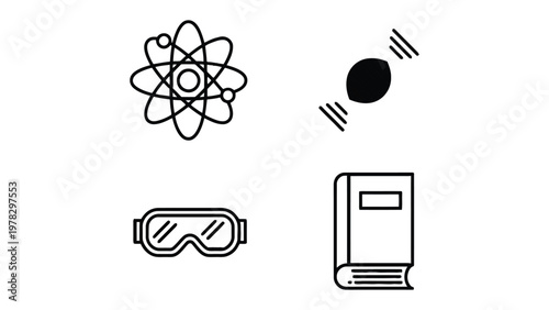 Science Icons: Conceptual icons representing core elements of science, symbolizing knowledge, discovery, and innovation. Including atom, experiment, book and element, perfect for educational content
