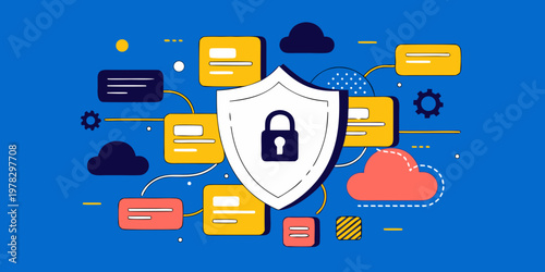 Digital security infographic with protective shield and lock symbol surrounded by connected data nodes data management security cybersecurity protection technology internet