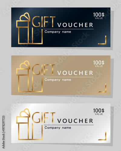 Set of gift vouchers black, gold and white with golden gift on grey background. Copy Space