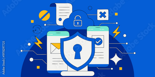 Mobile device cybersecurity protection concept featuring digital shield with keyhole and cloud connectivity security system safe keeping data safety security cybersecurity